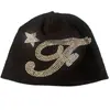 Novo Produto para Sites Independentes Transfronteiriços: Chapéu Tricotado Preto Tendência com Estrela de Strass e Decorações Curvas, Chapéu Estilo Rua, Dropshipping em Atacado