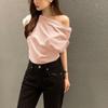 Corea del Sur Top Chic Verano Nuevo Nicho Irregular Hombro Caído Sentido del Diseño Holgado Color Sólido Jersey Camiseta de Manga Corta