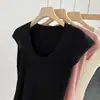 Tricô Rosa de Gola U e Manga Curta para Mulheres no Verão Estilo Coreano Design de Alta Qualidade Gola Baixa Top que Afina a Clavícula