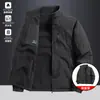 Jaqueta de trabalho masculina, corte solto, outono/inverno, forrada com fleece, gola alta, reversível, estilo simples e casual, com múltiplos bolsos