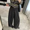 Calças femininas de outono com perna larga e corte curvo, cintura semielástica, calças cargo com fenda, algodão lavado, calças casuais banana soltas e que afinam a silhueta
