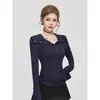 Camiseta Sexy de Manga Larga Ajustada con Cuello en V Profundo para Mujer, Camiseta Básica de Principios de Otoño, Top Picante Estilo Americano Delgado de Corte Bajo Ultra Sexy