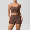 Novo Conjunto de Roupa de Yoga Transfronteiriço Escovado Cor Sólida Costas Lindas Justo Respirável para Esportes Corrida Fitness Shorts Conjunto para Mulheres
