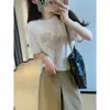 Camiseta de Manga Corta Casual Reductora de Edad 48s Ramio Seco Transpirable Bloques de Color Bordado de Cuerda Tridimensional para Mujer 26 Nuevo Z0724X