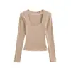 Suéter Cuadrado Simple de Punto Cepillado para Mujer, Estilo Otoño e Invierno, Suave y Cálido, Camiseta Básica Ajustada, Top Corto Suave y Elegante