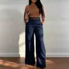 Pantalones retro europeos y americanos de pierna ancha con grandes bolsillos de parche, de cintura alta, hechos de tela de traje con efecto de caída, corte holgado, favorecedores de la figura, rectos hasta el suelo