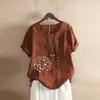 Foto Real de Camisa Casual Holgada de Manga Corta y Cuello Redondo de Algodón y Lino Vintage para Mujer Primavera y Verano 2026