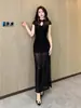Nuevo Vestido Negro Estilo Chinoiserie para Damas, Sexy Retro Elegante, Cheongsam de Malla Negra, Vestido con Abertura que Cubre la Cadera
