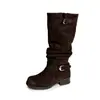 Hebilla de Cinturón Grande Estilo Coreano Botas de Caña Alta con Plataforma Tacón Grueso Tacón Medio Piel de Vaca Arrugada Sueltas Botas Largas para Mujer 2026 Otoño/Invierno