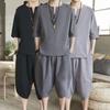 Traje de lino de imitación para hombre, verano 2025, estilo chino, talla grande, pantalones capri holgados, abrigo informal de algodón y lino de imitación, dos piezas
