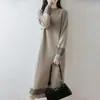 Nuevo Vestido de Punto Vintage Otoño/Invierno de Lana Pura Cuello Redondo Medio Alto Manga Larga Jacquard Hueco Midi
