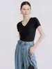 "Rocío Blanco" Jersey de Punto de Manga Corta Ajustado de Una Pieza Sin Costuras Yangzi 100% Lana con Cuello en V y Prenda de Punto Debajo