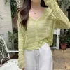 2025 Cardigan de Punto con Protección Solar de Seda de Hielo para Mujer Verano Talla Grande Cuello en V Color Sólido Delgado Hueco Chal Exterior Chaqueta Corta