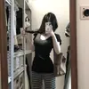 Camiseta para Mujer Verano Estilo Retro Americano Coreano Dulce Fresca Picante Chica Cuello en V Hombro Normal Manga Corta Ajuste Delgado Moda Versátil
