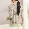 Camiseta Base Manga Longa Estilo Chinês de Alta Qualidade 50+ Estilo Casual para Meia-Idade e Idosos Suéter de Tricô Estampado Manga Longa Feminino