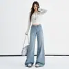 Jeans acampanados cropped de color azul claro para mujer, nueva colección de principios de otoño 2026, pantalones sencillos casuales de caída libre hasta el suelo
