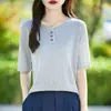 Camiseta Feminina de Tricô de Seda Gelada com Gola Redonda Estilo Francês, Manga Curta, Verão 2026, Fina, Respirável, Caimento Solto, Top Emagrecedor, Camiseta de Meia-Manga, Nova