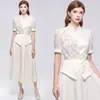 Camisa de Alta Qualidade Estilo Francês com Gola Alta e Mangas Curtas, Vestido Casual de Trabalho Emagrecedor com Ajuste na Cintura Feminino