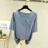 Camiseta de modal estilo coreano para mujer con volantes y cinco mangas, fina para verano, con lazo, manga media, corte holgado, top básico
