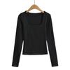 2416-25 Principios de Primavera Nuevo Estilo Coreano Pura Chica Picante Doble Cuadrado Cuello Manga Larga Camiseta Básica Ajustada al Cuerpo Camiseta