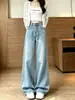 Chao Li tiene stock, doble largo de pantalón, bordado retro americano, jeans de pierna ancha de cintura alta, para mujer, holgados, adelgazantes, rectos, pantalones cimitarra