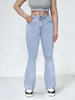 Calça Jeans Flare Rasgada de Cintura Alta Tk0636 para Mulheres, Calça Flare Elástica Slim-Fit, Calça Tendência Comprida