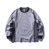 Camiseta Deportiva Casual de Manga Larga con Bloques de Color y Patchwork, Cuello Redondo Holgado, Protección Solar, Marca Japonesa de Moda, Primavera Otoño, Top para Exteriores para Hombre