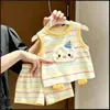 Conjunto infantil de algodão puro listrado com desenho de patinho fofo para meninos e meninas, adorável T-shirt fina de manga curta e shorts de verão tridimensionais