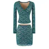 Conjunto Duas Peças Feminino: Top de Renda Branca com Decote V e Manga Longa, Modelagem Justa, Saia Curta de Cintura Baixa, Justa ao Corpo, Estilo Hot Girl para Primavera