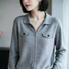 Cárdigan de punto con cuello polo y cremallera para mujer, suéter simple con bolsillo, abrigo de temperamento, manga larga, capa base para superponer
