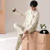 Algodão PuroPijama Masculino de Manga Longa com Gola Reversível, Conjunto de Pijama Listrado Outono para Jovens com Desenho Animado, Corte Amplo