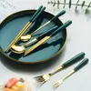 Al por mayor personalizado Creativo Escandinavo Cerámica Acero Inoxidable Cuchillo y Tenedor Cuchara de Café Verde Oscuro Tenedor de Frutas Tenedor y Cuchillo para Bistec Cuchara