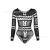 Body de Lencería Sexy Estilo de Comercio Exterior Europeo y Americano Bikini sin Tirantes de una Pieza Vestido de Malla de Manga Larga con Falda Ajustada a la Cadera W482