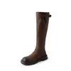 Botas de Cuero Pulido para Mujer Botas de Caballero Nuevas Punta Redonda Cremallera Lateral Tacón Grueso Medio Hasta la Rodilla Botas Largas Mujer