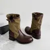 Botas vaqueras de moda y únicas con hebilla ajustable y bloques de color, otoño e invierno 2026, tacón medio grueso, punta redonda, piel genuina, botas de media caña para mujer
