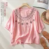 Top de lino estilo chino para mujer 2026 Verano Nuevo Bordado Pesado Bordado Manga Corta Holgado Artístico Manga Media Camisa para Mujer