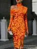 Transfronterizo Nuevo Estampado Digital Casual Personalidad Moda Temperamento Vestido de Manga Larga Hombros Descubiertos Falda Primavera y Otoño Mujer