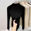 Camisa base chic de encaje con cuello semi-alto para mujer, top interior de punto elegante para otoño e invierno, suéter acanalado único