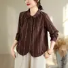 Toma real~ Camisa estampada artística vintage, de un solo botón, corte holgado, adelgazante, manga larga, blusa de gasa de algodón de doble capa, camisa versátil