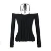 Top Sexy Americano con Cuentas, Cuello Halter, Cordones, Mangas Largas para Mujer, Otoño e Invierno 2025, Espalda Descubierta, Cintura Plisada, Camiseta