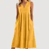 2026 Roupas Femininas Europeias e Americanas de Comércio Exterior Transfronteiriço Amazon Cor Sólida Pulôver Gola V Sem Mangas Algodão Solto Vestido
