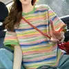 Camiseta de Manga Corta a Rayas de Colores para Mujer 2026 Nuevo Verano Retro Americano Diseño Reductor de Edad Top Holgado Casual