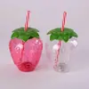 Copo de Morango para Pet 500ml Copo de Suco Plástico Brilhante Copo com Canudo de Morango Festa Havaiana Copo Descartável Moldado