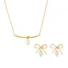 Brincos Vazados Estilo Francês com Laço, Colar de Nó com Pérolas, Conjunto de Presente Doce e Elegante em Aço Inoxidável para Melhores Amigas