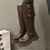 Botas de montar convertibles de tacón grueso, botas de cuero nuevas para motocicleta, botas altas plegables para mujer de otoño con suela gruesa, 2026 marrón