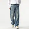 Pantalones vaqueros de alta gama a la moda con salpicaduras de tinta para hombre, diseño holgado de pierna ancha, pantalones largos rectos de estilo retro americano al por mayor