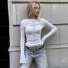 Cross-border Europa e Estados Unidos mulheres quentes 2024 outono nova cor sólida moda magro gola redonda chifre manga longa topo camiseta