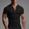 Camiseta atlética de manga corta ajustada para hombre, ajuste muscular, comercio exterior, fitness, acanalada elástica, ajustada, color liso, estilo americano Henley