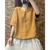 Nova blusa de verão 2026, solta, versátil, com mangas de três quartos, fina e respirável, estilo francês, nicho e chique, top de algodão e linho para mulheres
