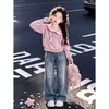 Sudadera Fresca y Azul Dopamina con Cuello para Niñas, Nuevo Estilo Primavera/Otoño, Jeans de Estrellas, Conjunto Casual de Dos Piezas a la Moda